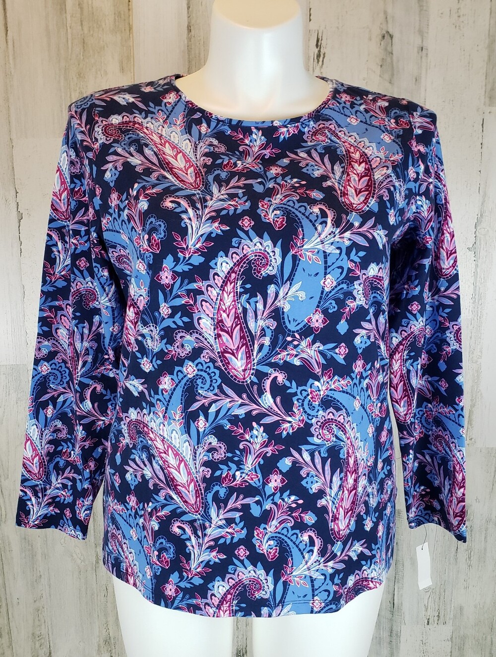 Talbots Navy Paisley Tee with Pink & Light Blue Accents Size 1X